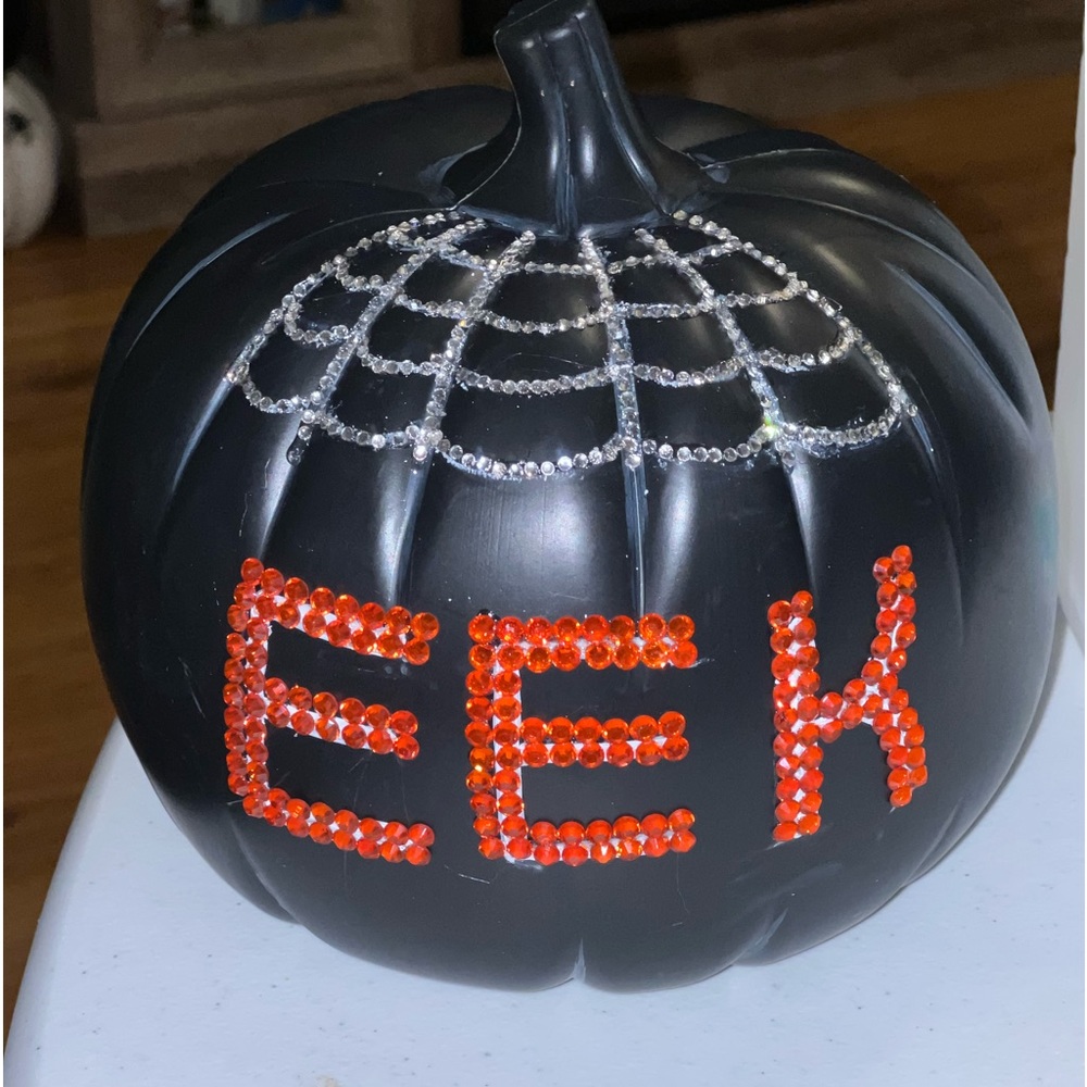 Handmade Halloween decor. Blinged spooky pumpkin.